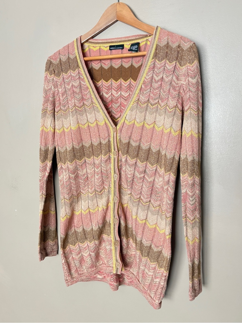 MODA INTERNATIONAL Y2K chevron lurex v-neck cardigan sweater metallic sz M EUC
